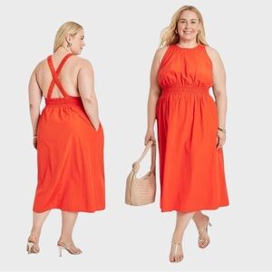 A New Day Orange Red Halter Maxi Dress with Ruched Bodice XL NWT